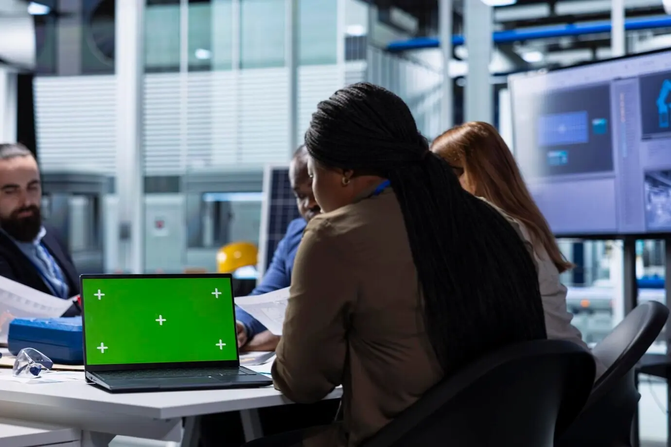 Ein Fabrikexperte erforscht neue Photovoltaikmaterialien auf einem Mockup-Tablet.